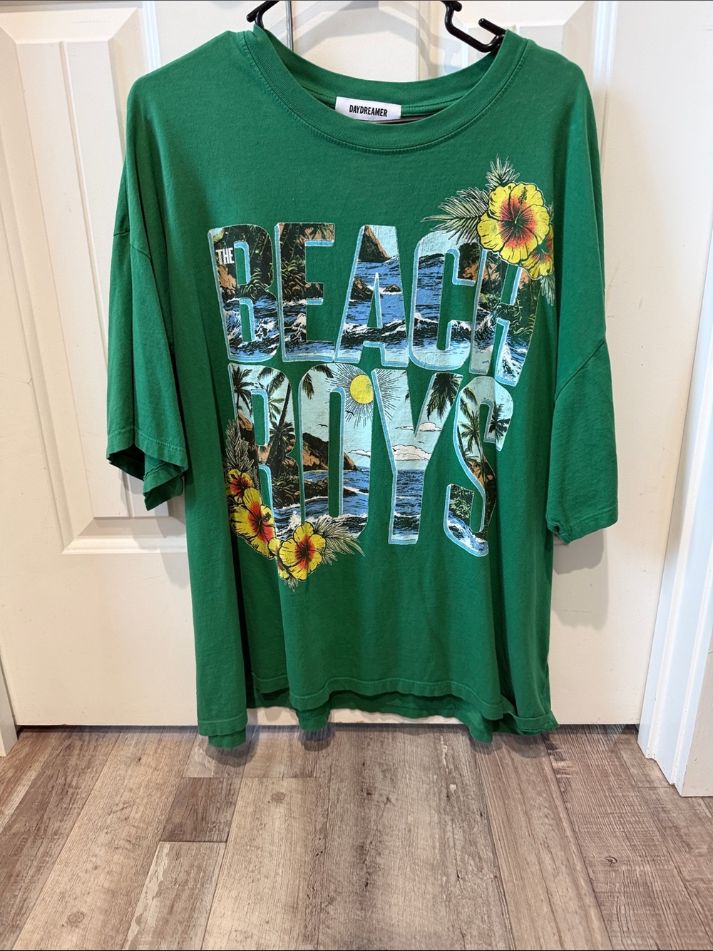 Daydreamer Green 'The Beach Boys' Graphic Tee with Yellow & Red Floral Accents